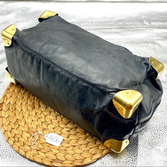 BALENCIAGA BLACK LEATHER GOLD METAL CORNER SATCHEL LARGE HAND BAG VINTAGE AUTHEN - Picture 4 of 8